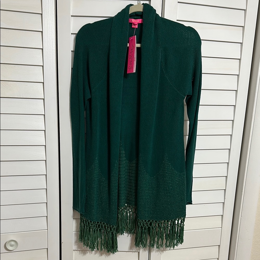 Lilly Pulitzer Green Cardigan with Fringe and High Collar